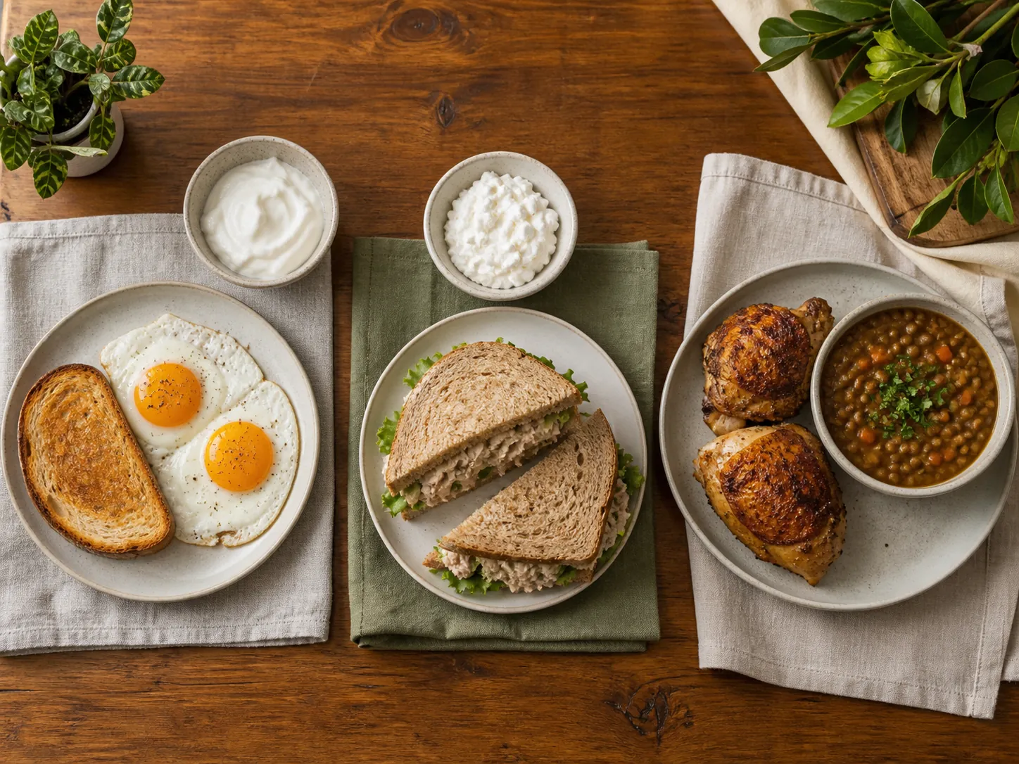 Three budget-friendly high-protein meals for a day: eggs and yogurt for breakfast, tuna sandwich and cottage cheese for lunch, and chicken thighs with lentil stew for dinner