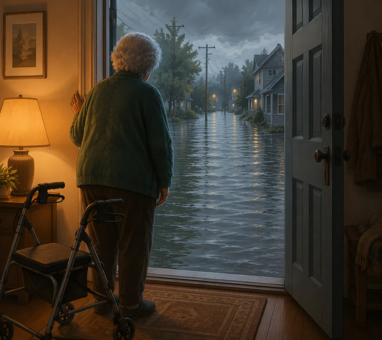 Older adult with a walker looking from a doorway toward a flooded street