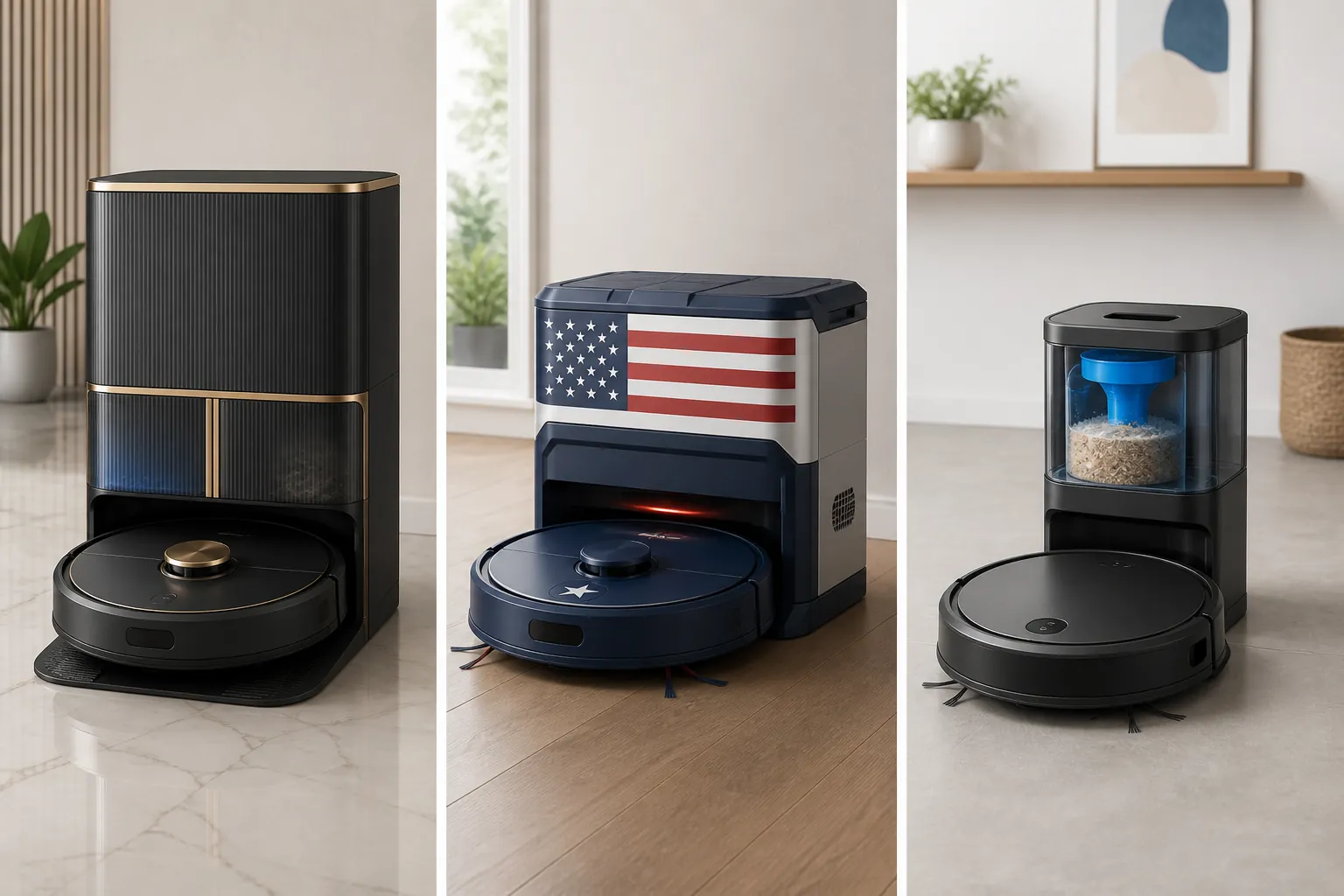 Three robot vacuum styles shown side by side for premium, regulation-resilient, and value comparisons