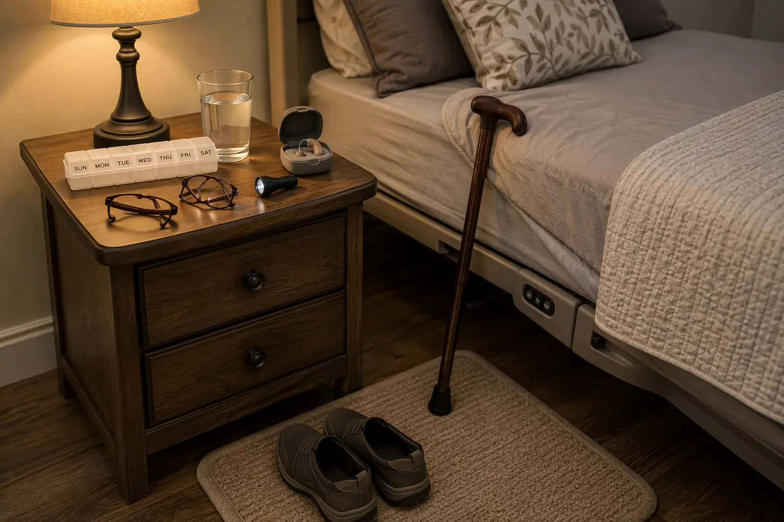 Bedside nightstand with glasses, hearing aid case, flashlight, medication organizer, sturdy shoes, and cane within reach