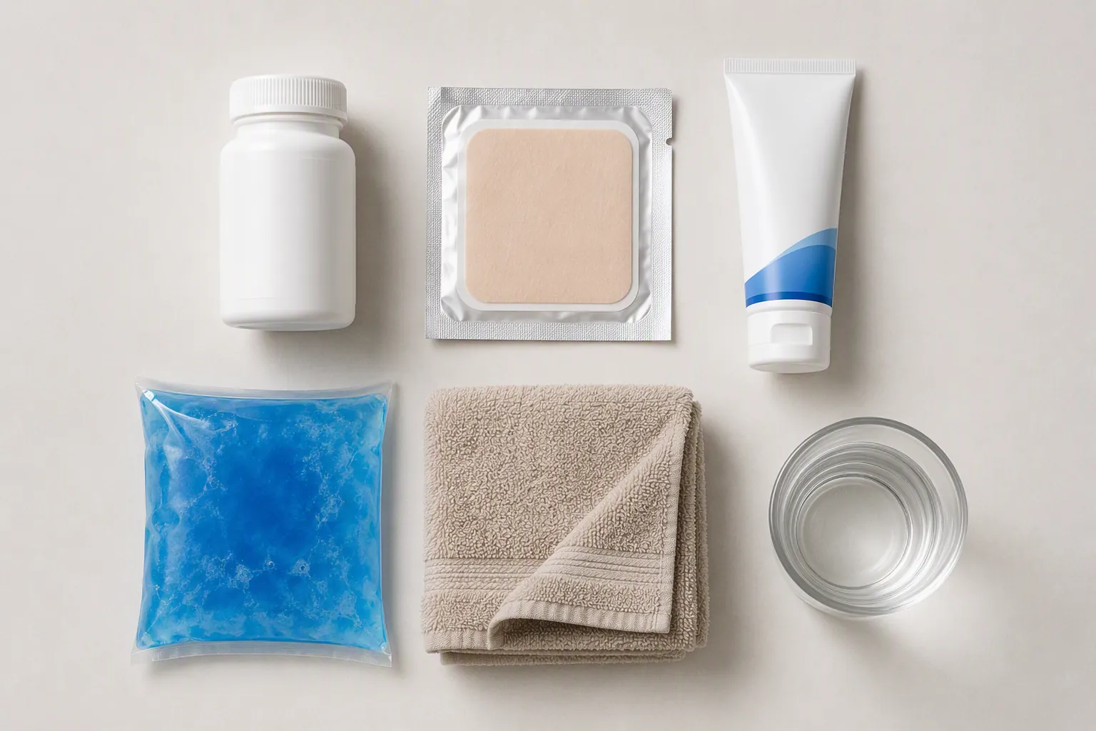 Organized non-opioid pain relief tools including acetaminophen, a topical patch, diclofenac gel, cold pack, towel, and water
