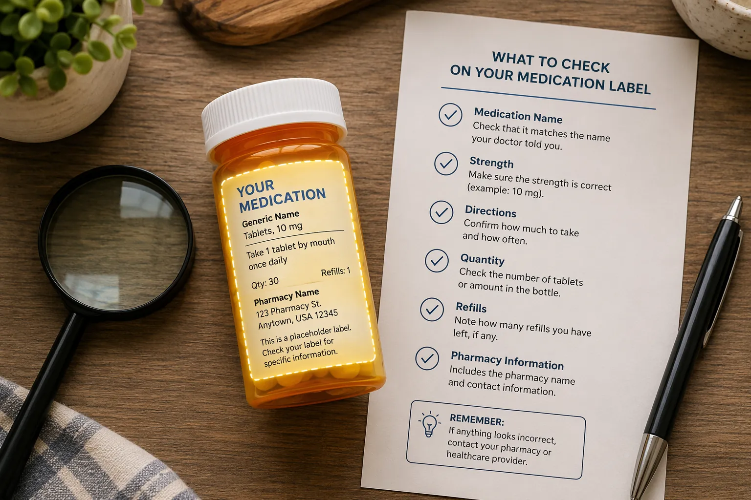 Medication bottle label checked with a magnifying glass beside a paper checklist