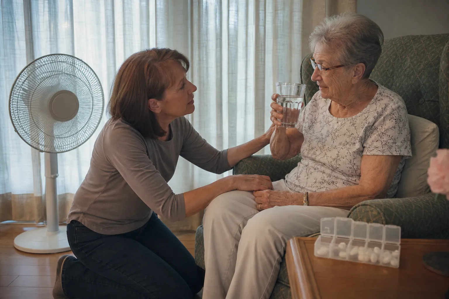 Daughter checking on her older mother with water, closed curtains, fan, and medication organizer nearby