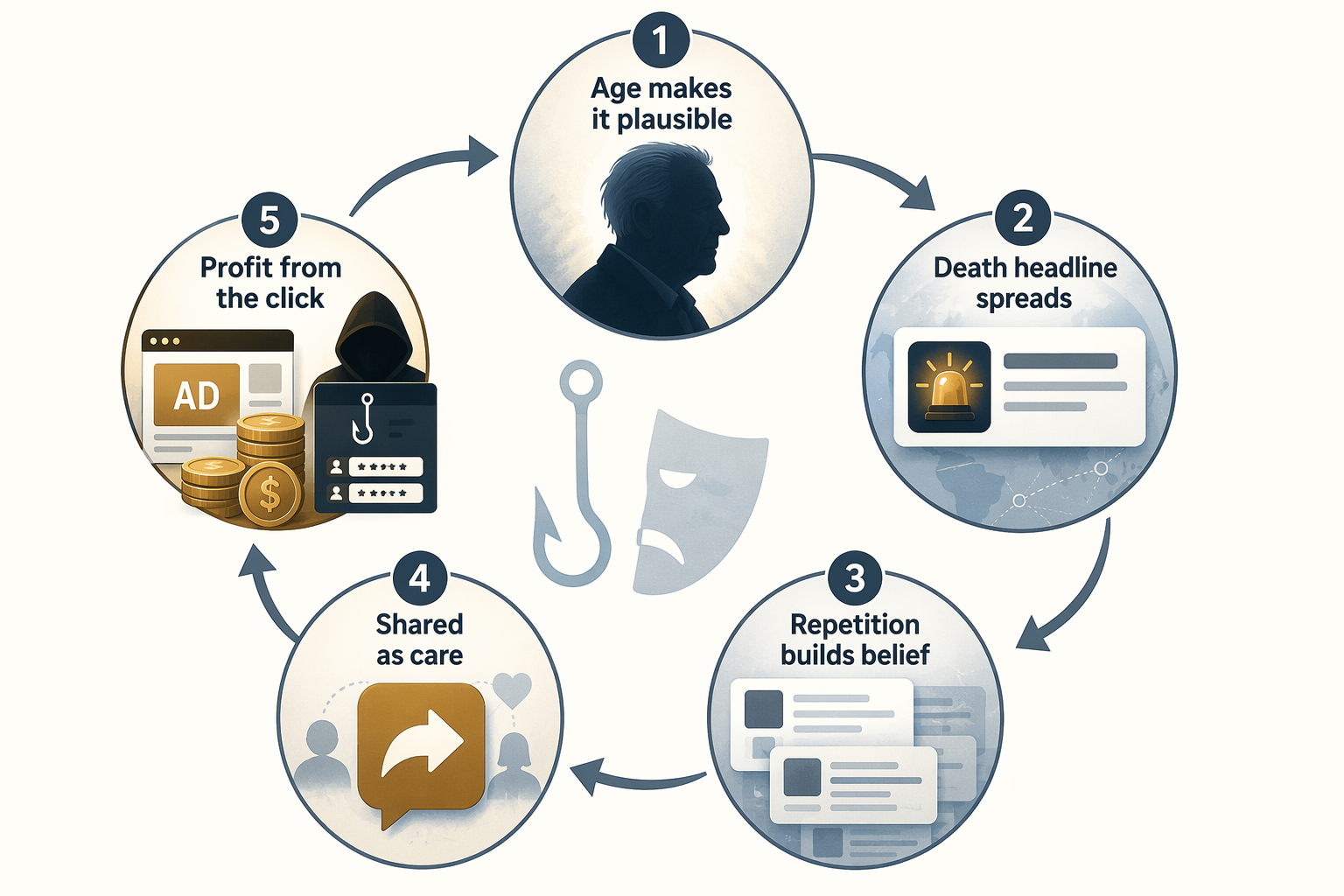 Infographic showing a five-stage cycle of death hoaxes spreading through plausibility, headlines, repetition, sharing, and monetization
