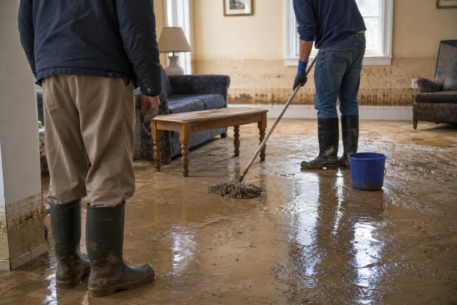 Senior watching from the edge of a mud-spattered room while a helper mops after a flood