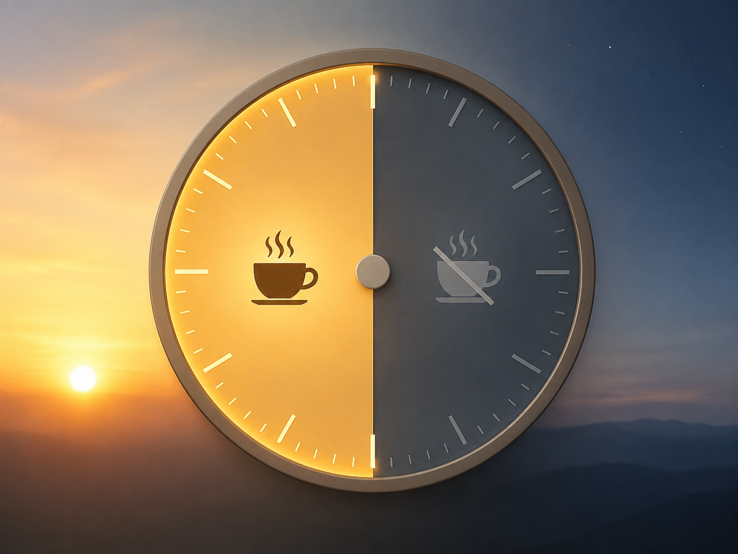Clock showing morning hours highlighted for coffee and afternoon-to-evening hours muted with a crossed-out coffee cup