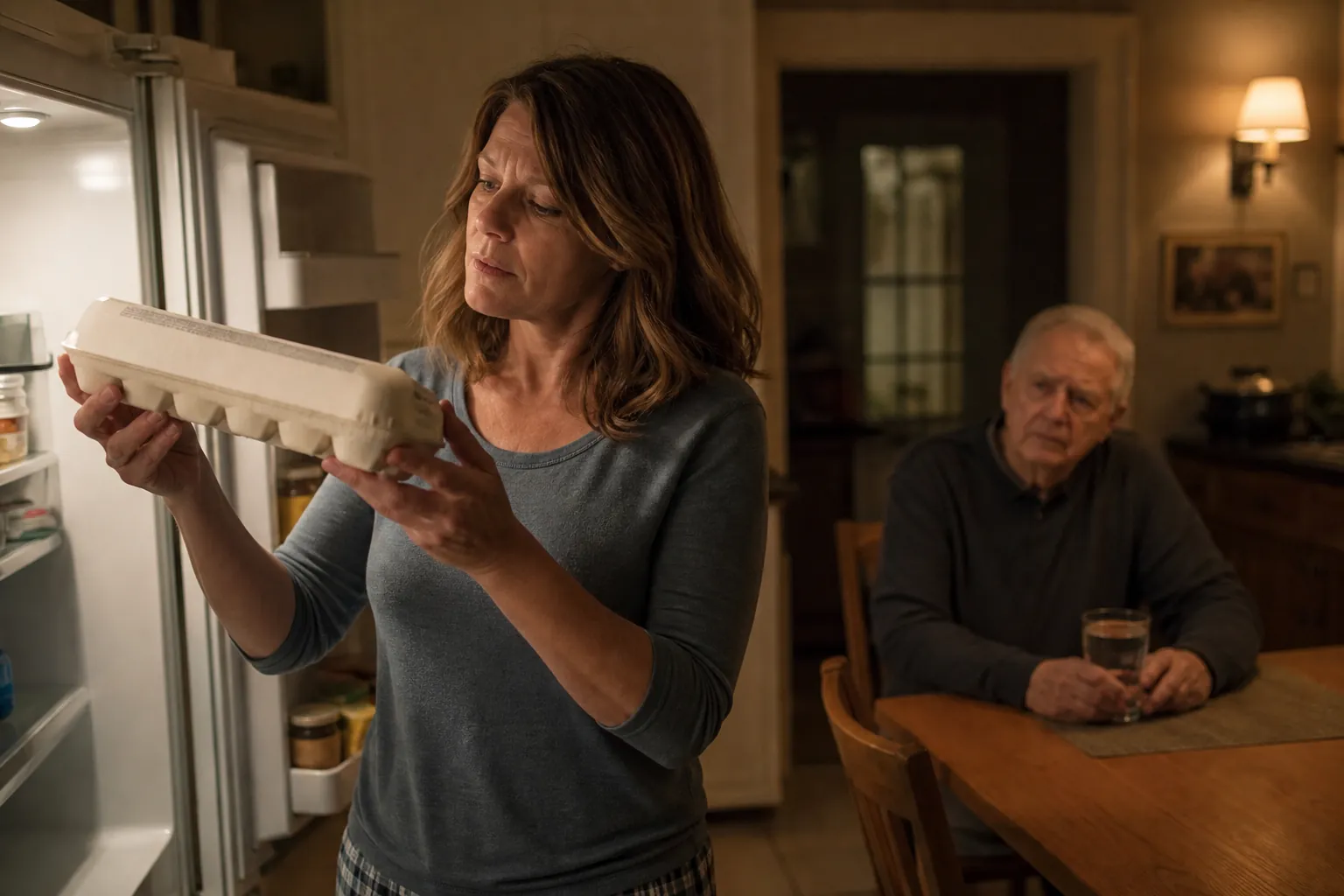 Woman checking an egg carton at an open refrigerator while an older man sits nearby looking unwell