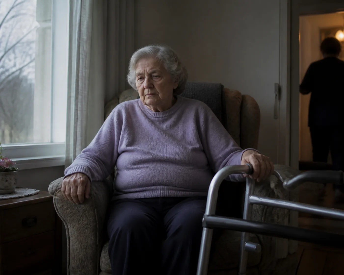 Elderly woman sitting still beside a walking frame after losing confidence