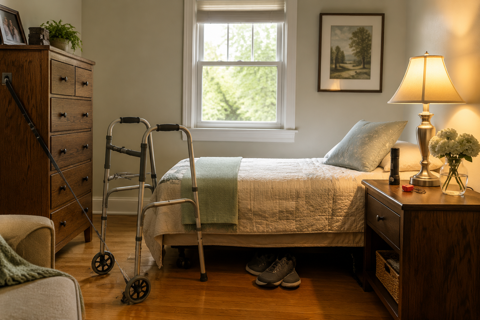 Senior bedroom prepared with a walker, flashlight, whistle, secured dresser, and sturdy shoes