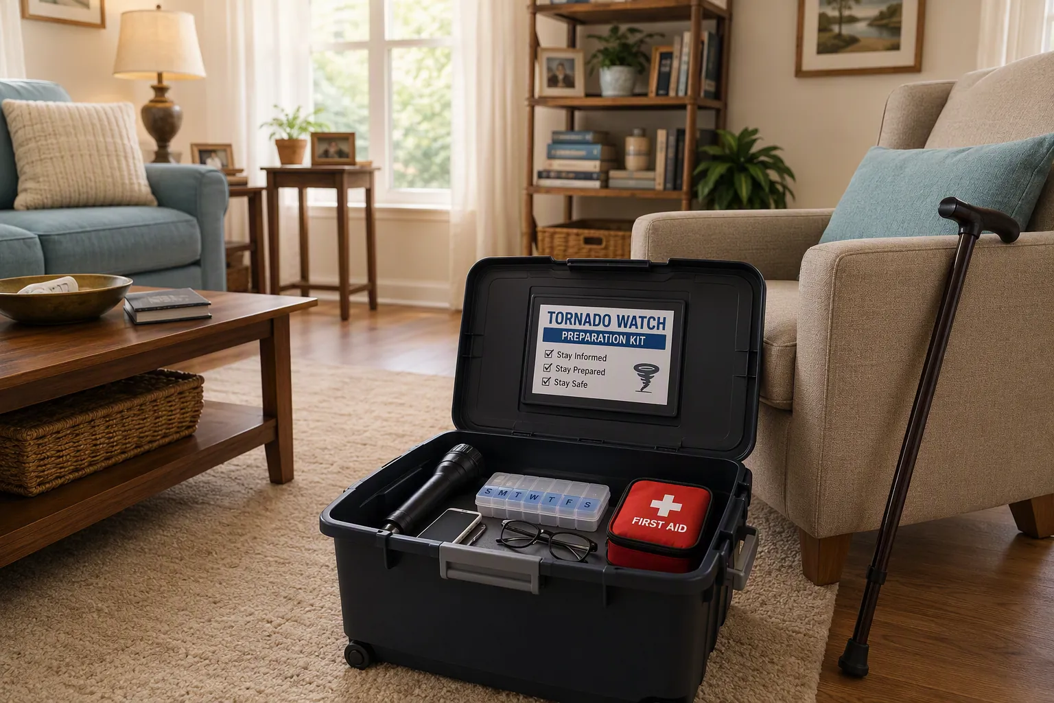 Calm senior tornado watch preparation station with a wheeled tote, flashlight, medication organizer, charger, reading glasses, first aid kit, and cane near a clear pathway