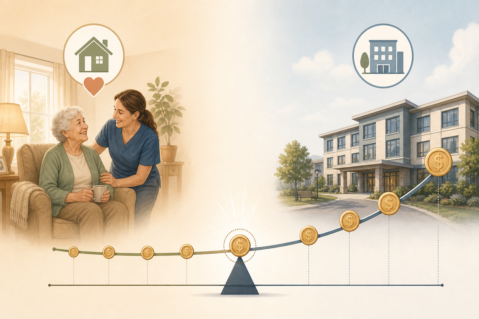 An editorial illustration showing a cost tipping point concept: a glowing home scene on the left and a modern assisted living building on the right, with a balanced scale at the center.