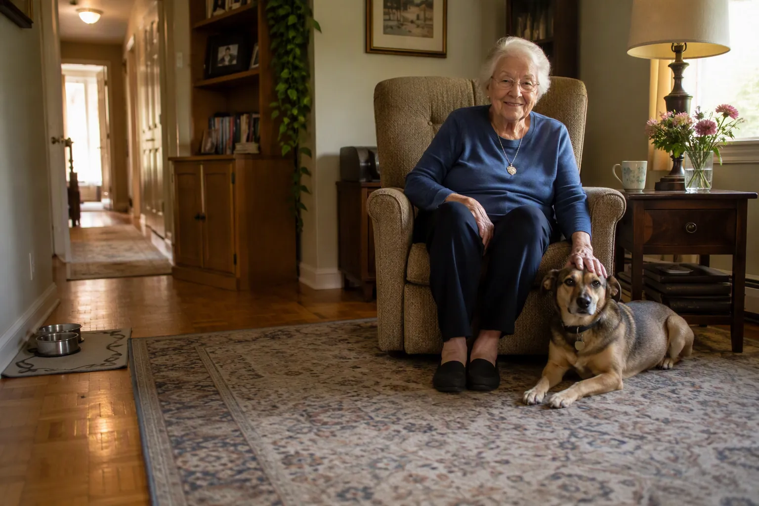Senior woman sitting beside a calm adult dog in an orderly living room with clear walking paths and pet bowls placed safely against a wall