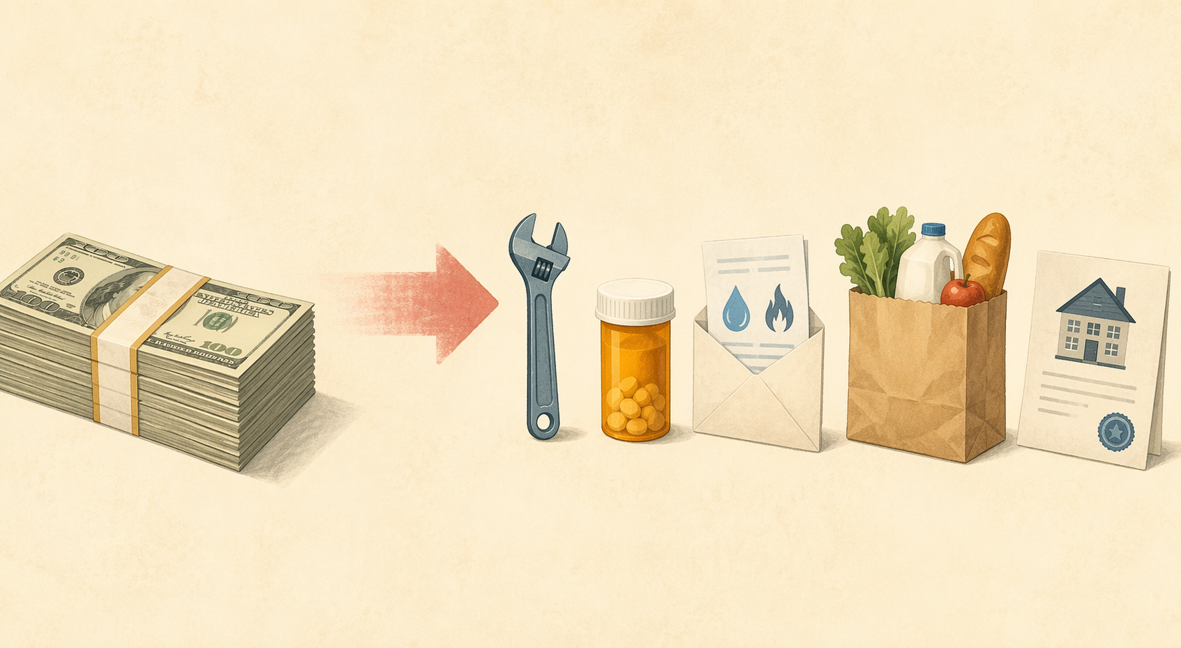 Cash connected to icons for home repair, prescriptions, utilities, groceries, and property taxes
