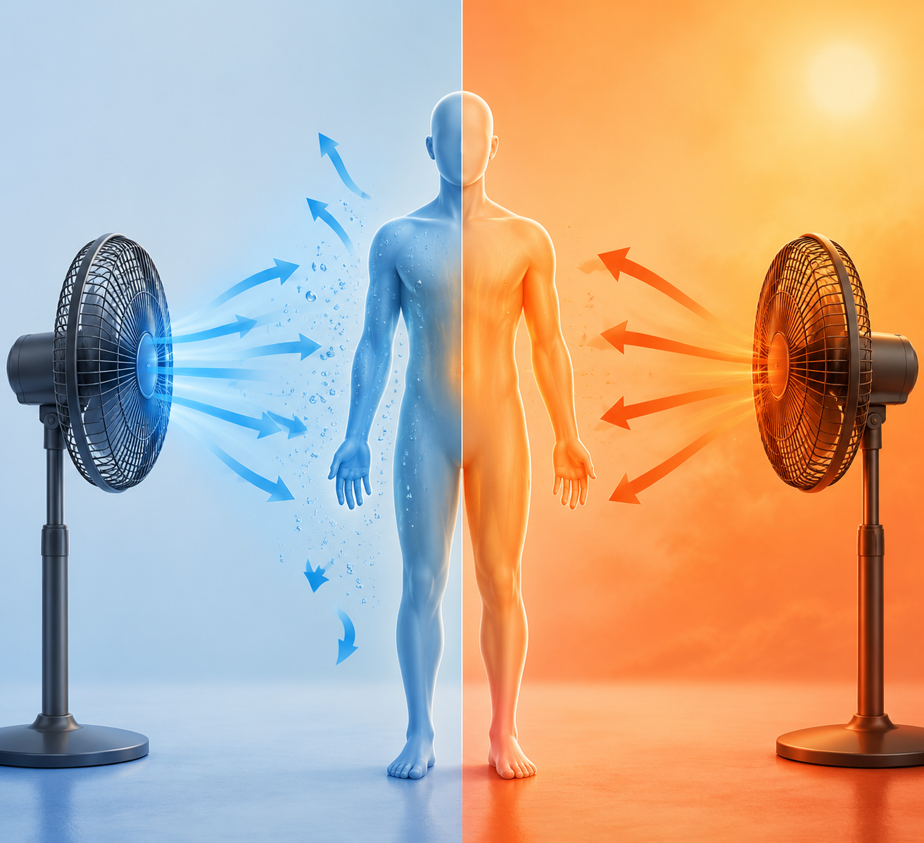 Diagram showing a fan cooling the body in mild heat and blowing hot air toward the body above 95 degrees Fahrenheit