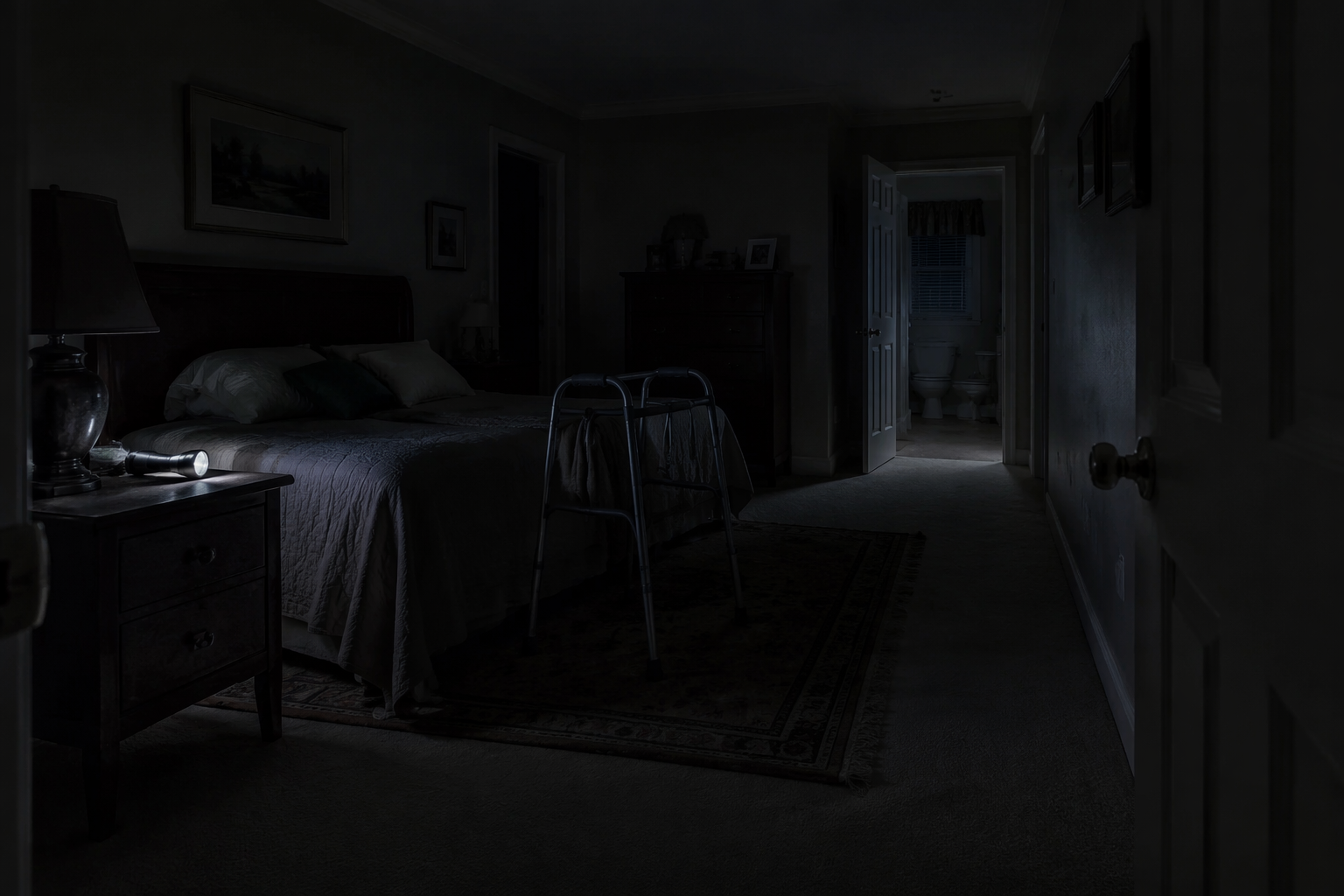 Dark bedroom doorway leading into a shadowed hallway during a power outage, with a walker placed away from the bed and a flashlight on a nightstand