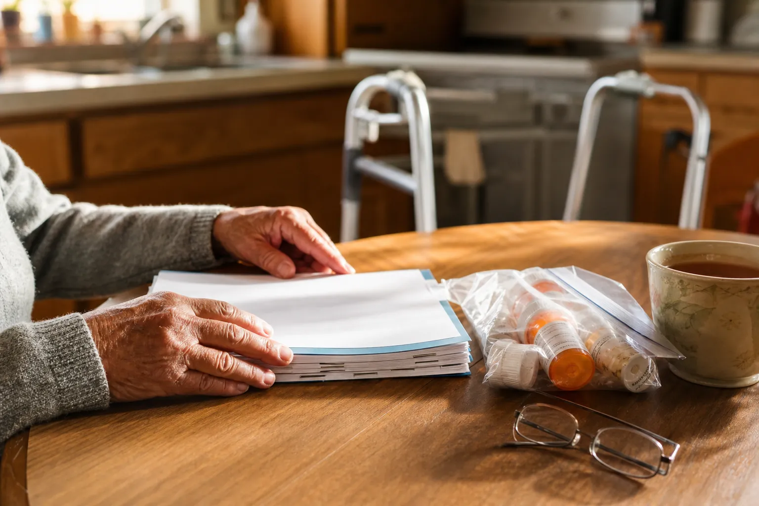 Hospital discharge papers, prescription bottles, reading glasses, and a walker on a kitchen table