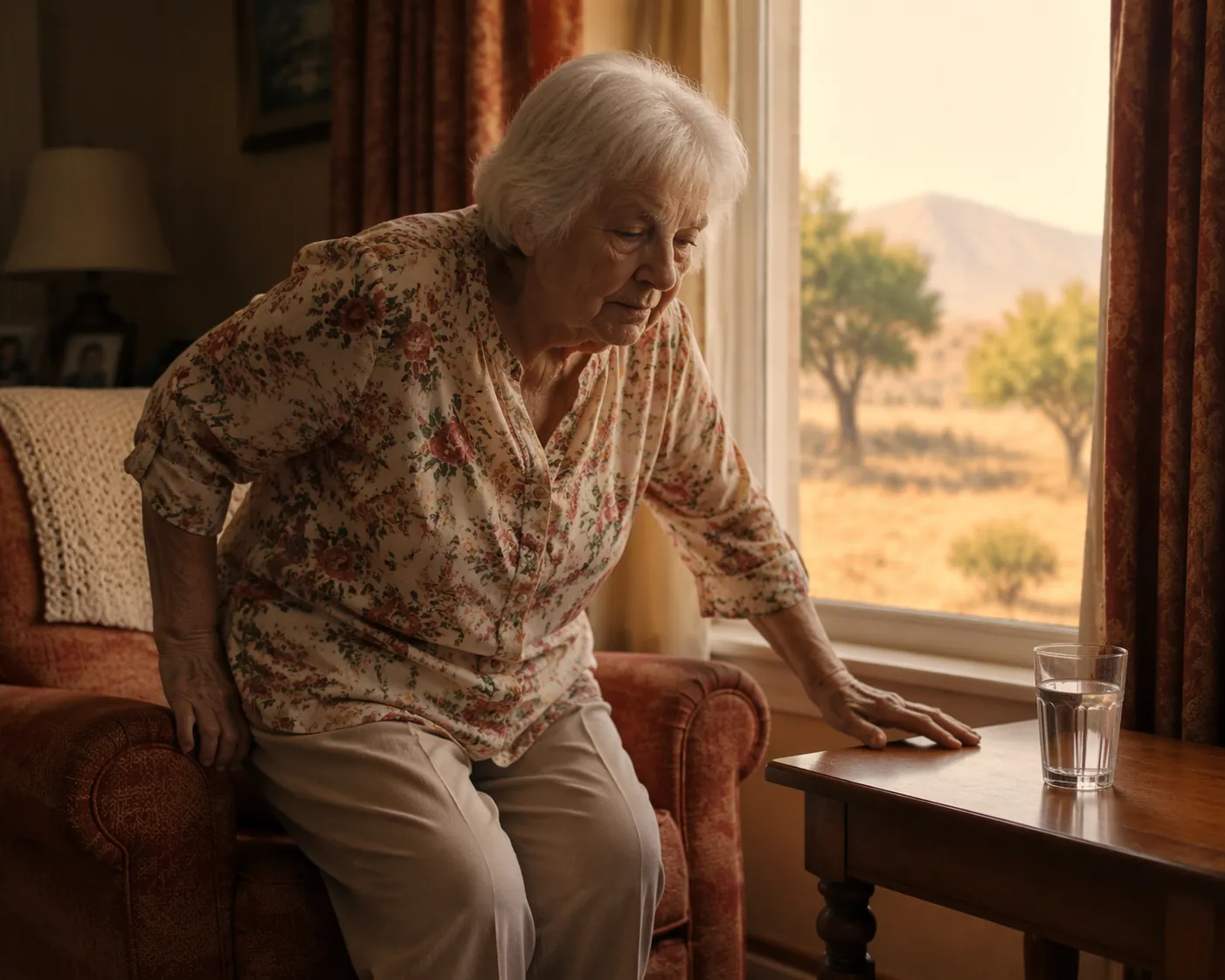 Older woman rising from an armchair near a full glass of water during hot weather