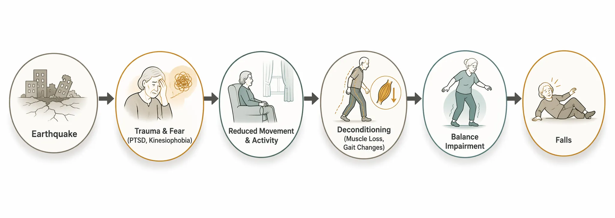 A causal-chain diagram showing earthquake leading to trauma and fear, reduced movement, deconditioning, balance impairment, and falls