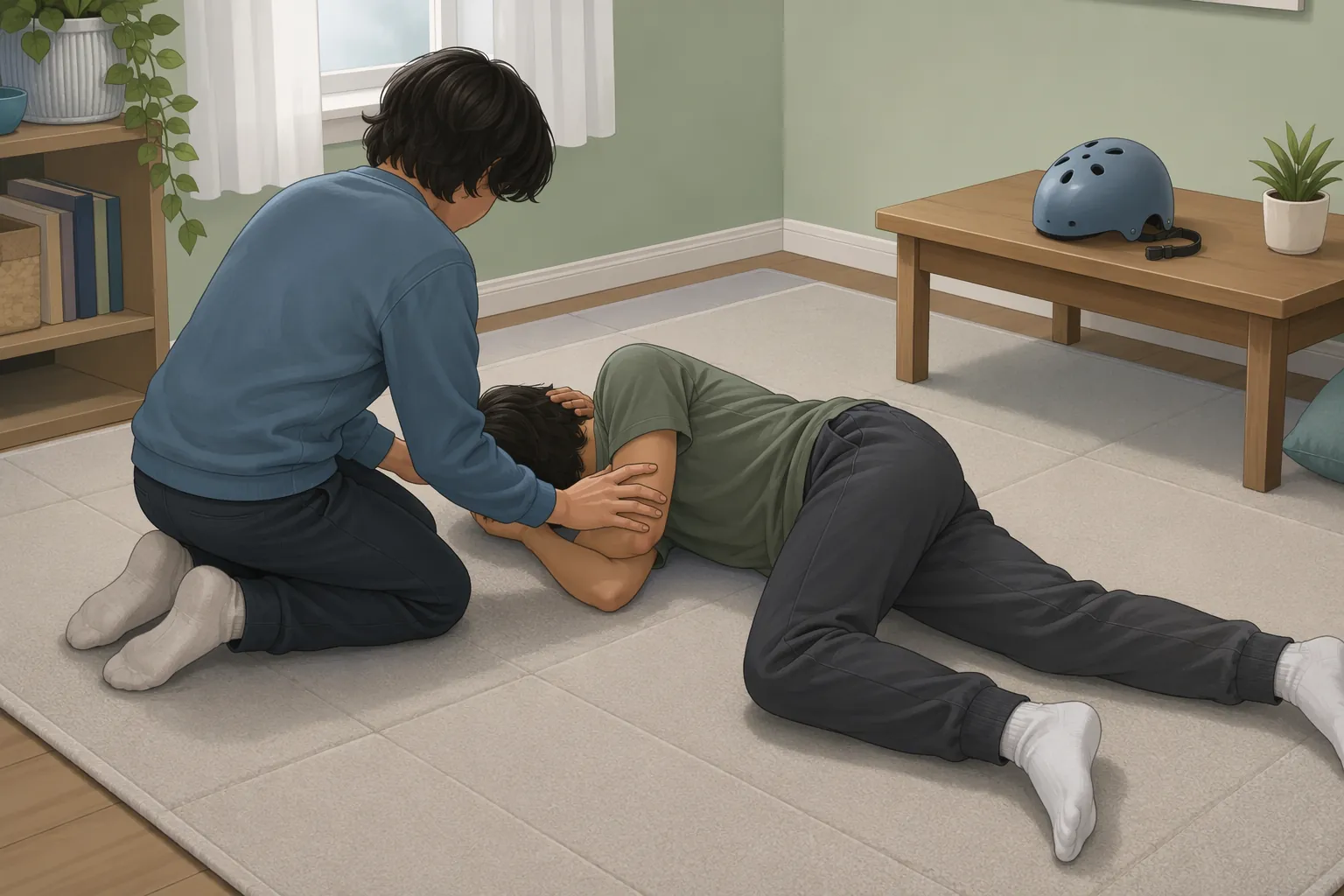 Helper safely positions a person on a padded floor after a drop seizure