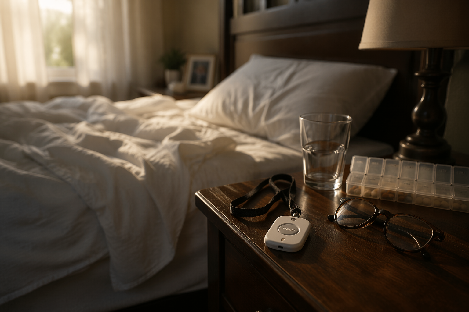 A medical alert pendant sitting unused on a wooden nightstand beside glasses, water, and a pill organizer