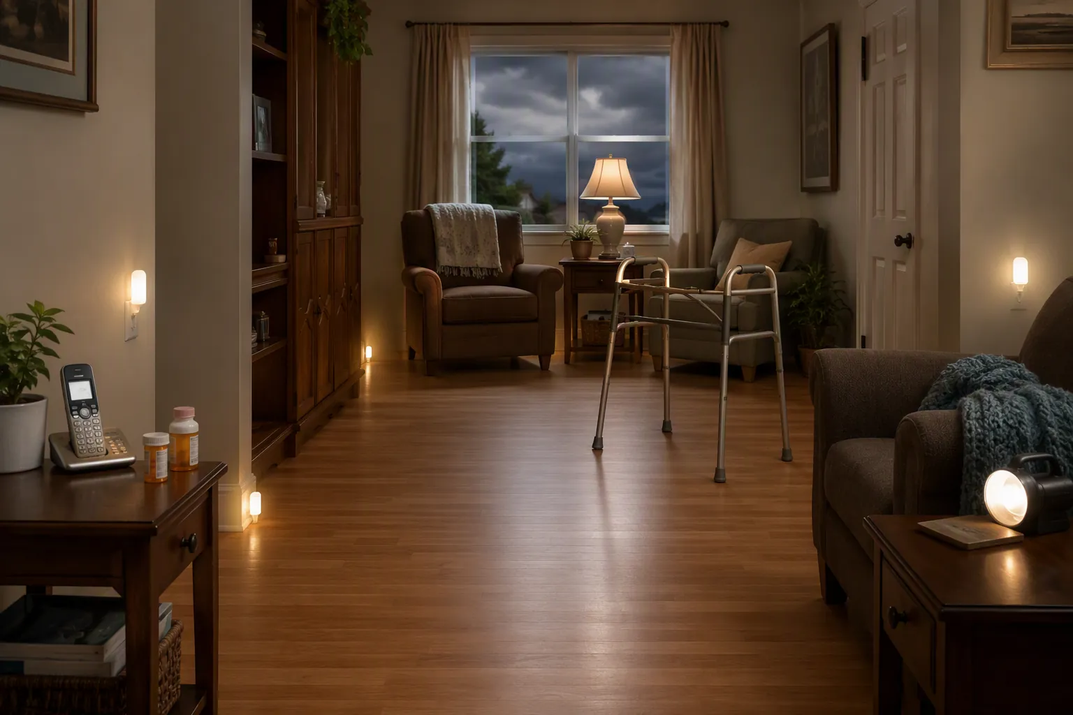 Prepared senior living room with nightlights, flashlight, walker, medication, clear floors, and storm clouds outside