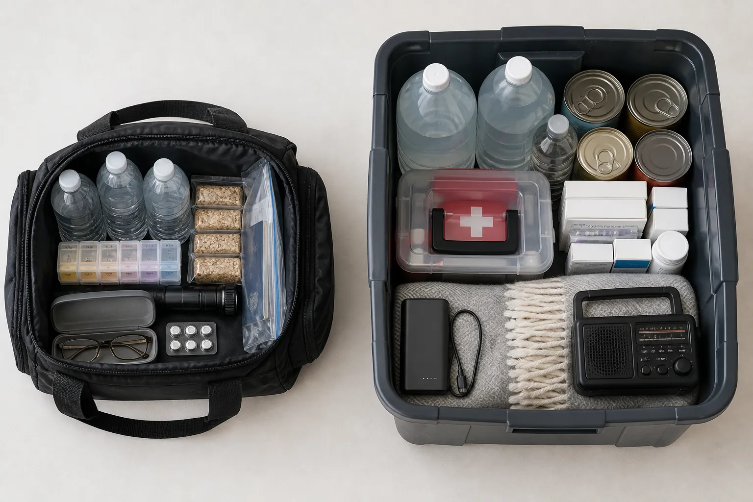 Two emergency kits for an older adult, with a compact go bag beside a larger stay-at-home supply tote