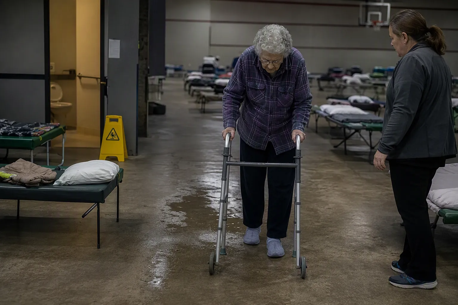 Older adult using a walker between shelter cots under dim lighting near a wet floor sign