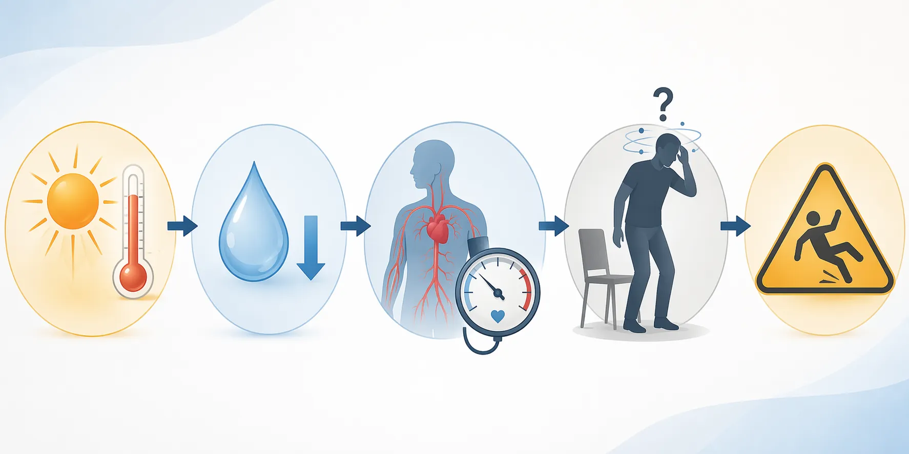 Diagram showing heat leading to dehydration, low blood pressure on standing, dizziness, and fall risk