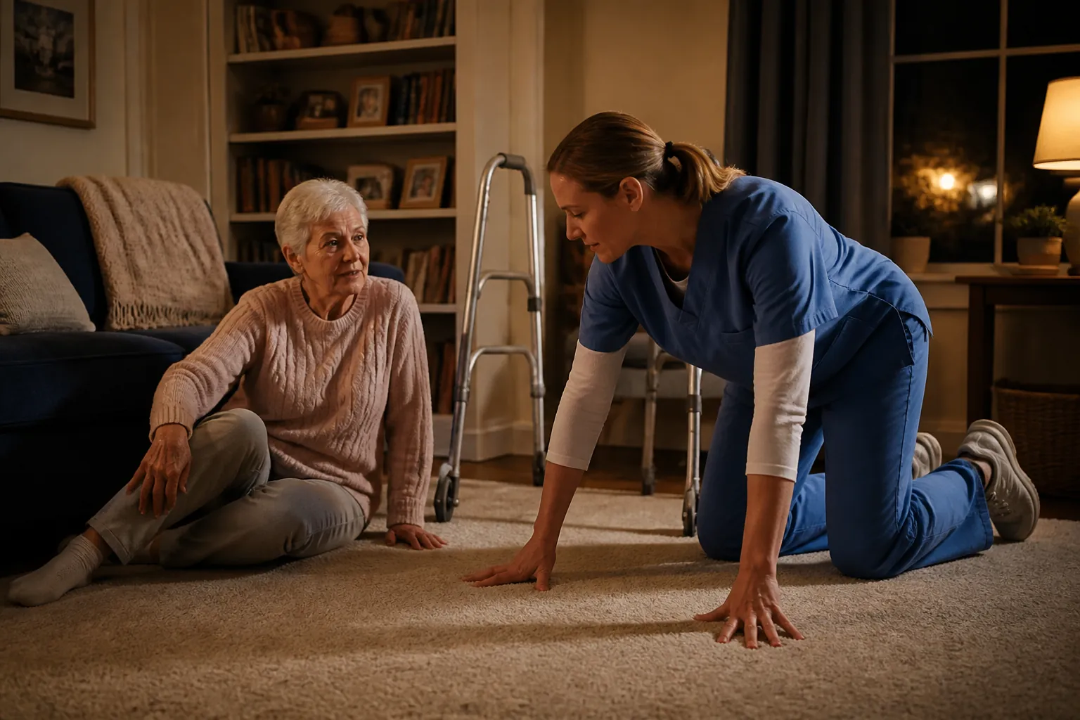 Physical therapist demonstrating safe floor recovery beside an older adult and walker in a living room