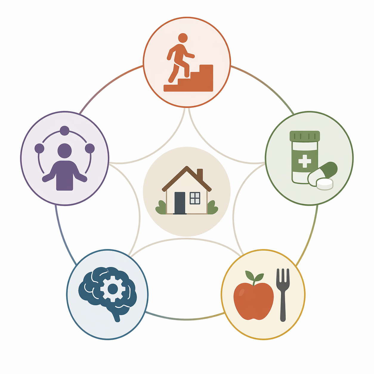 Diagram of five interconnected aging-in-place safety domains around a home icon: physical safety, medication management, nutrition and hygiene, cognitive function, and social wellbeing