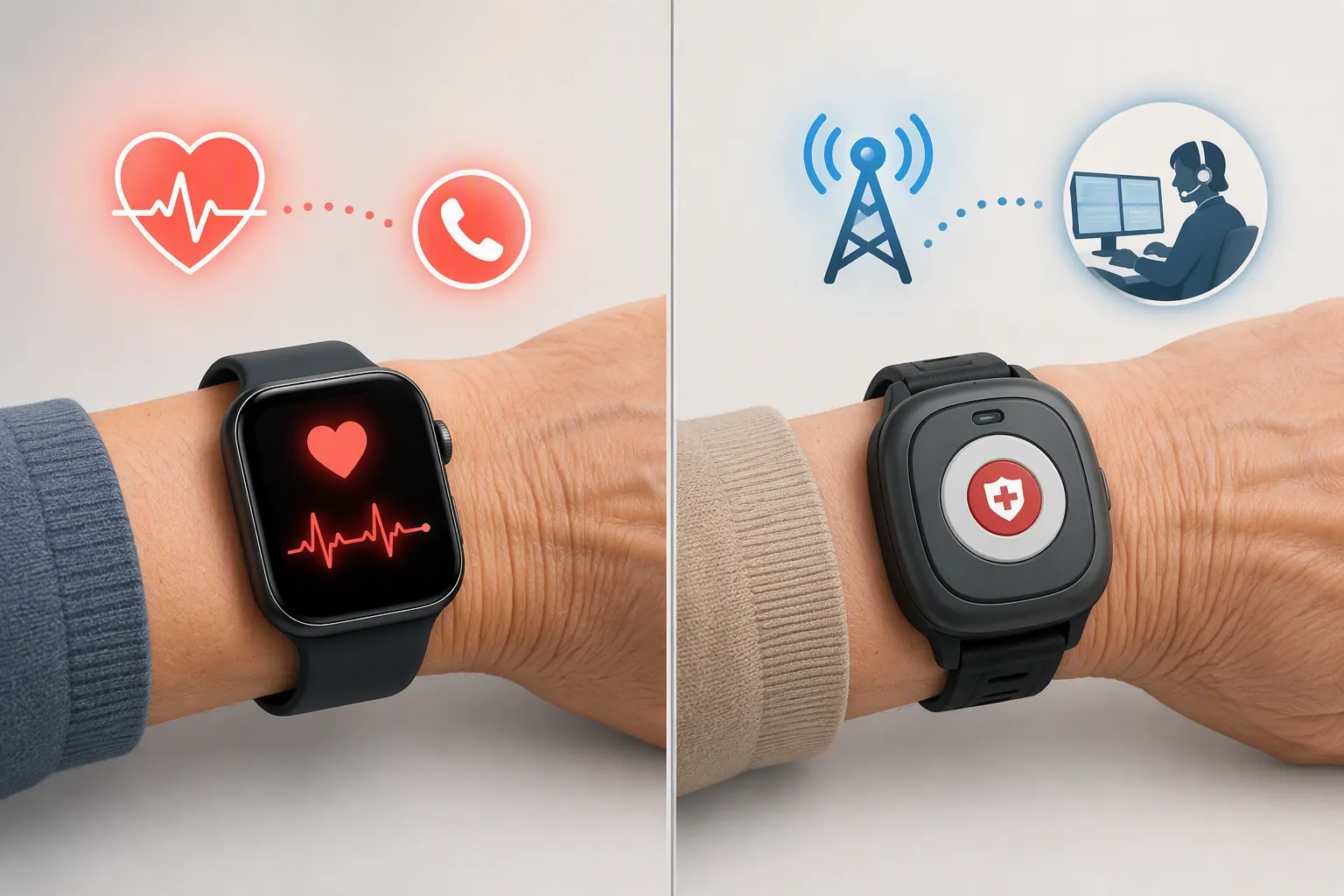 Split-screen comparison of a consumer smartwatch with heart monitoring and a medical alert watch with monitored response