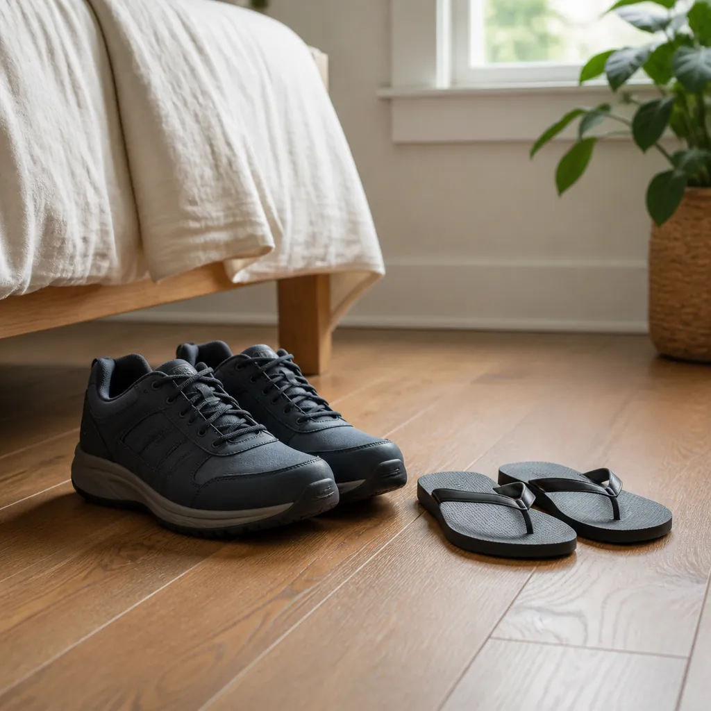 Supportive closed-toe non-slip shoes beside thin flip-flops on a bedroom floor