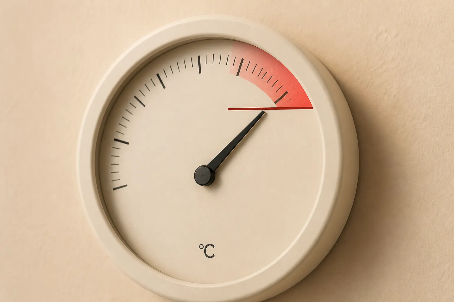 Indoor thermometer with the needle just below a marked upper limit and a red danger zone above it