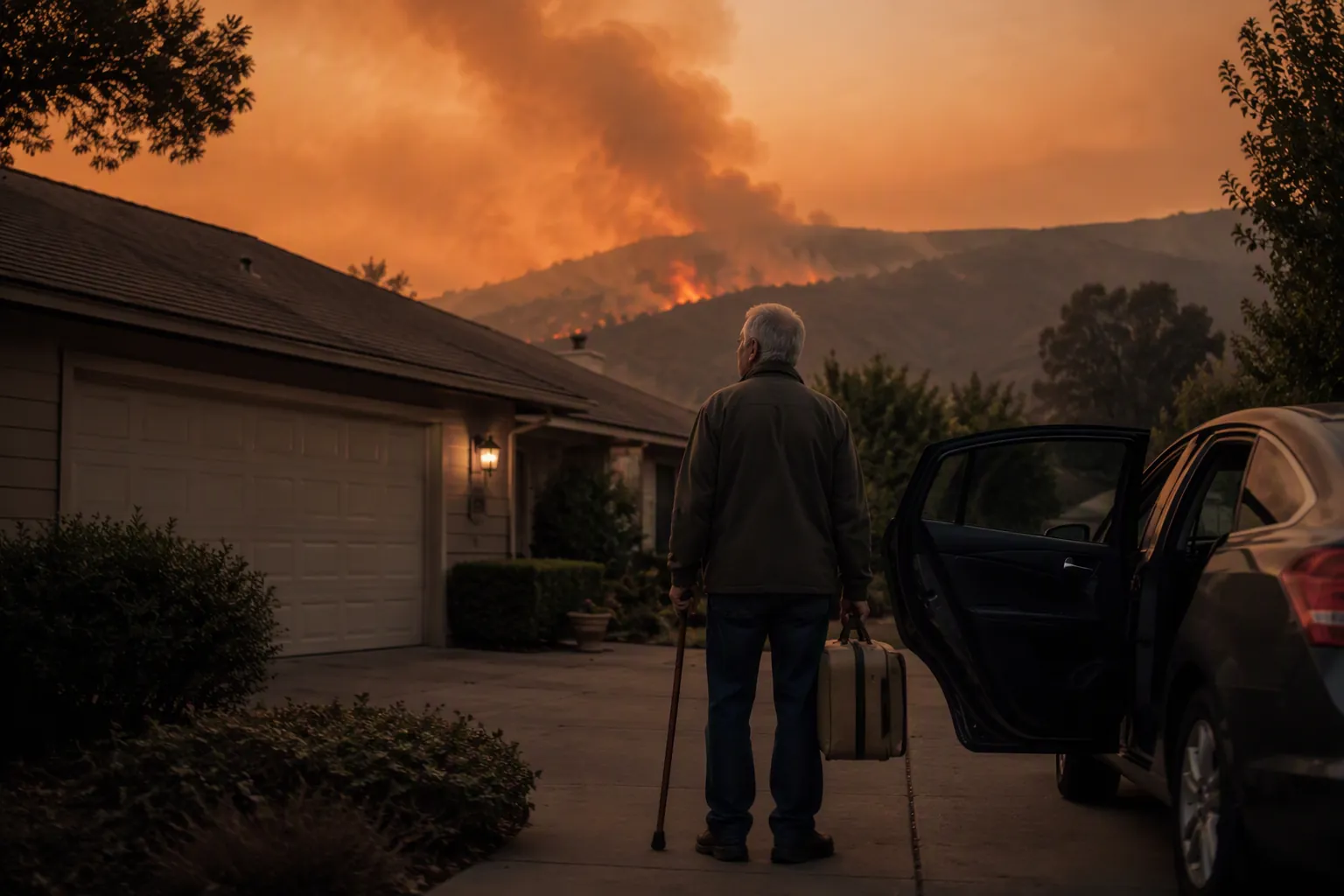 Older adult with a cane and packed suitcase waiting near a car as wildfire smoke rises in the distance