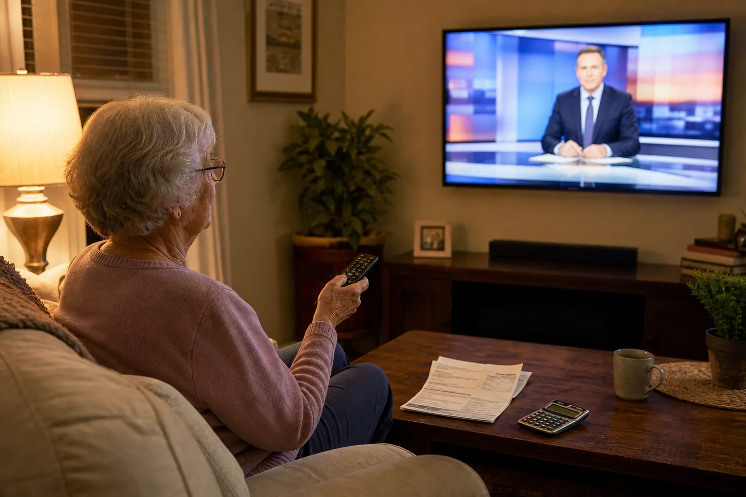 Older woman watching live news with a TV bill and calculator on the coffee table