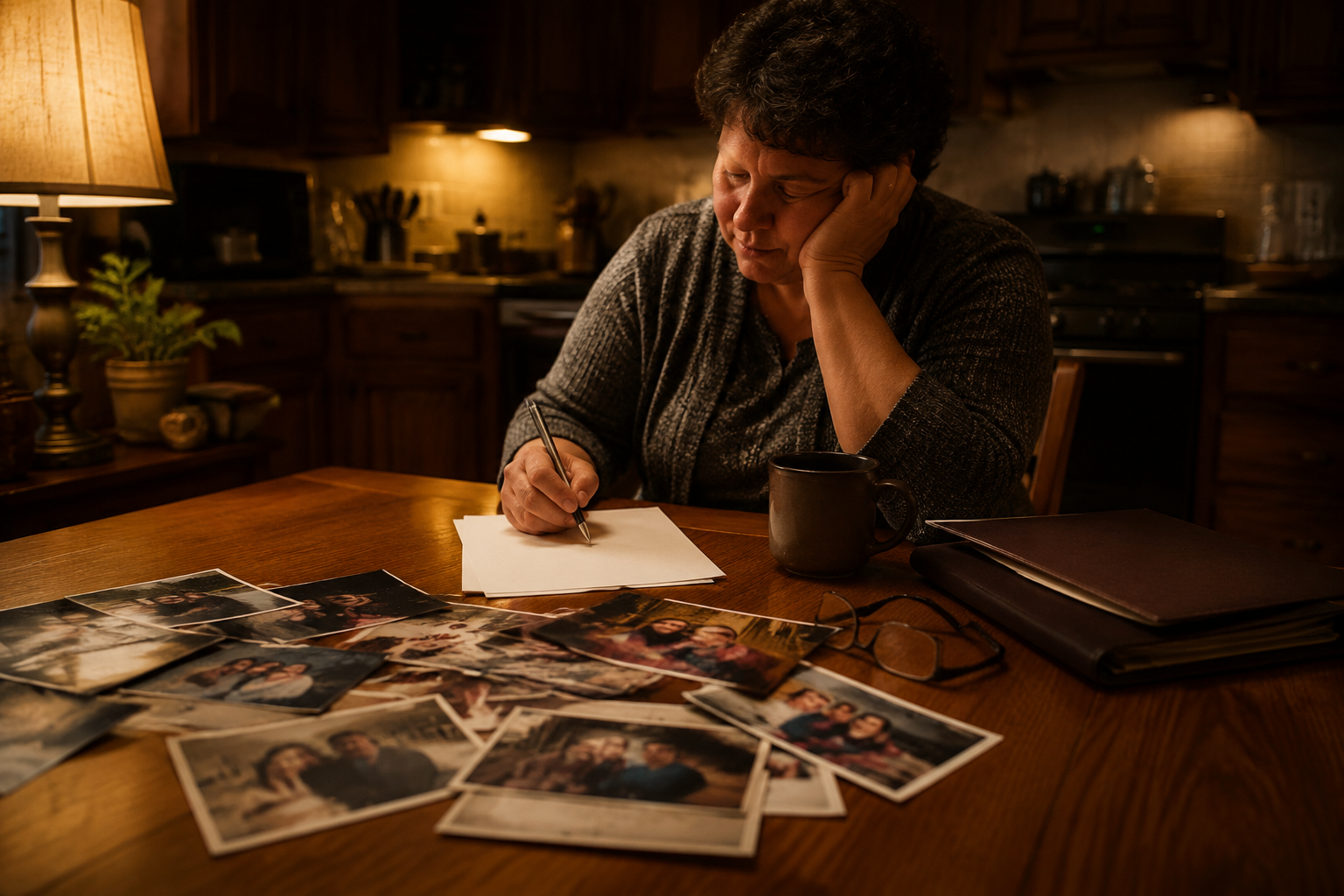 A middle-aged adult writing at a kitchen table with family photographs and a funeral home folder