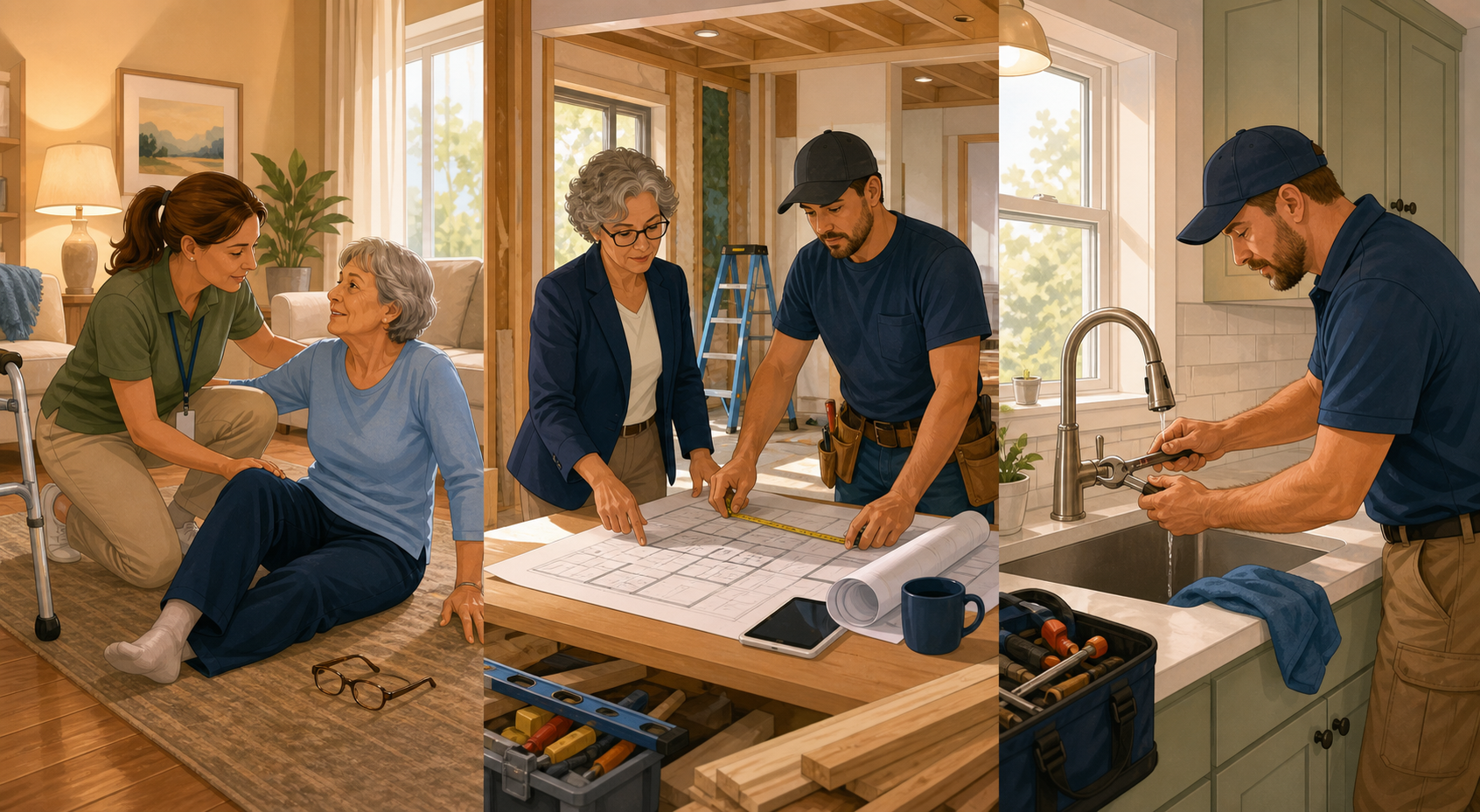 A horizontal triptych illustration showing three home scenarios: on the left, an older adult who has fallen receives support from an occupational therapist; in the center, a CAPS specialist and contractor work with blueprints at a renovation site; on the right, a contractor performs a simple kitchen faucet repair.