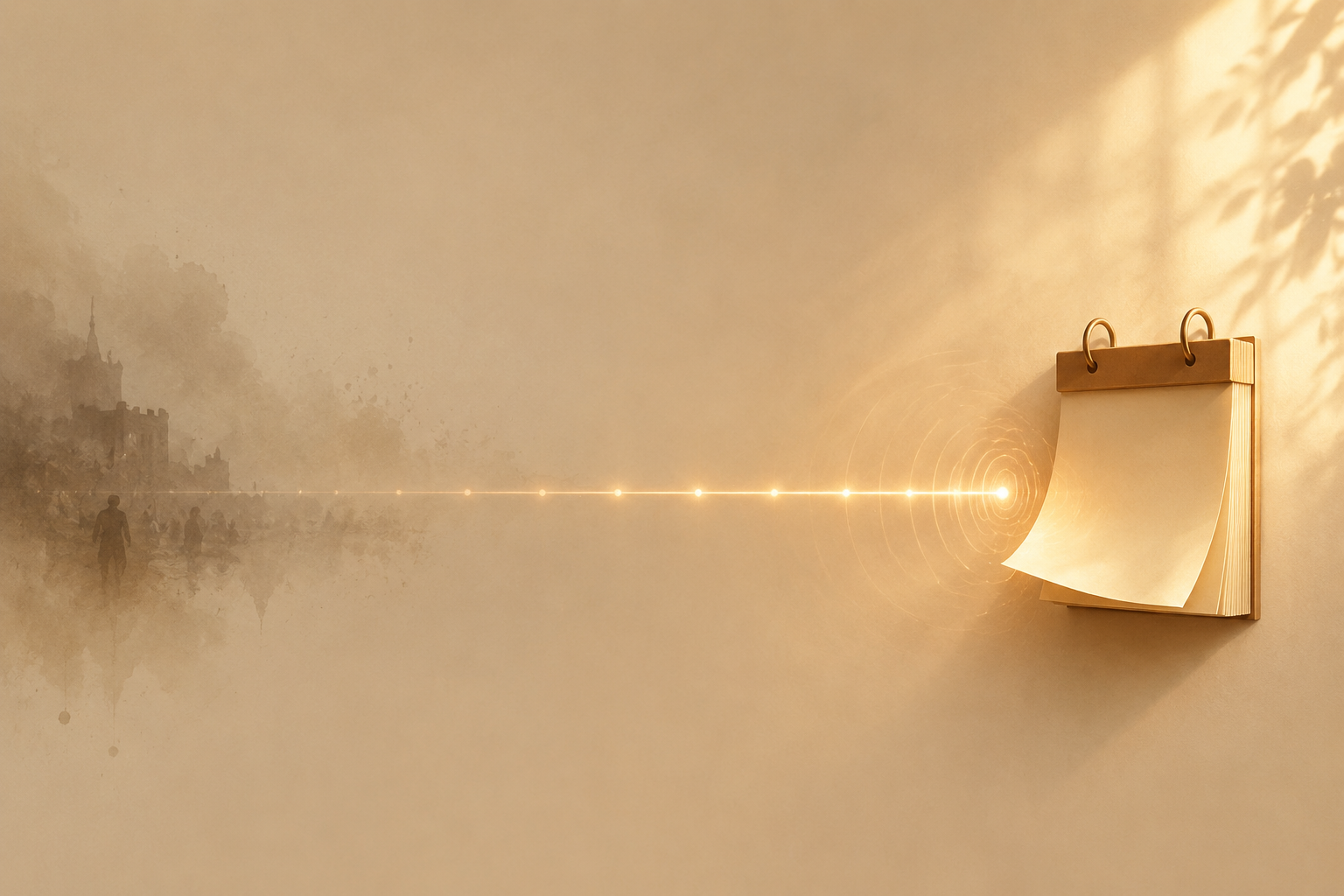 A minimalist timeline illustration with a tear-off calendar page and a warm glow reaching across decades.