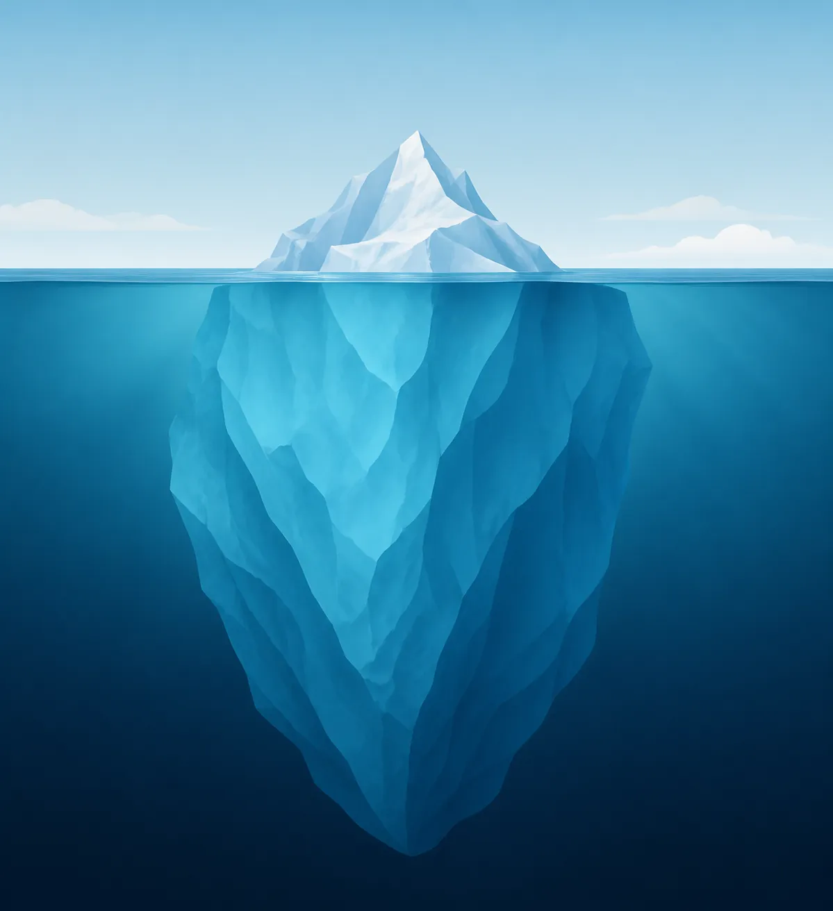 Iceberg with a small visible tip and a larger hidden mass below the waterline