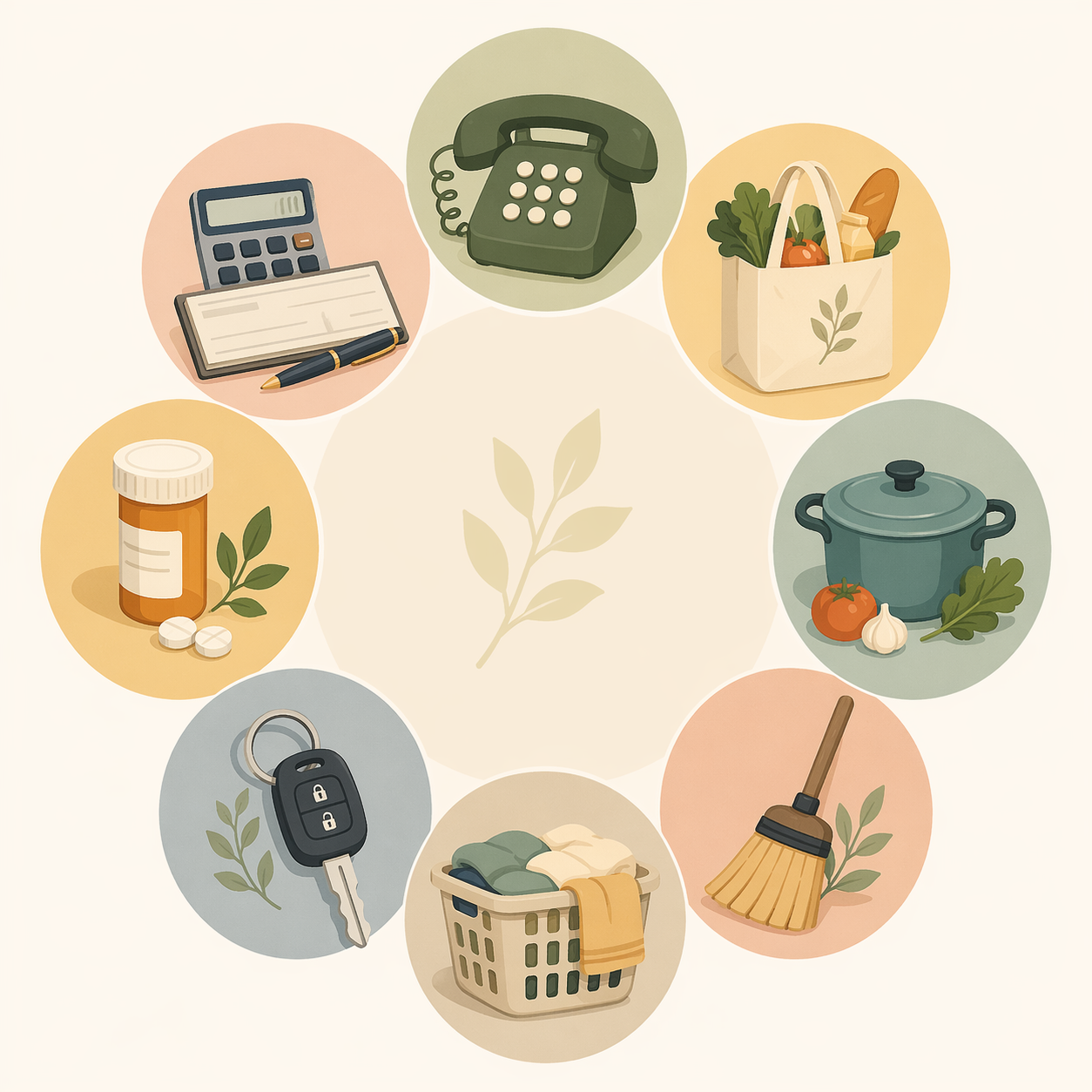 Illustration of eight instrumental activities of daily living including phone, shopping, cooking, cleaning, laundry, transportation, medication, and finances