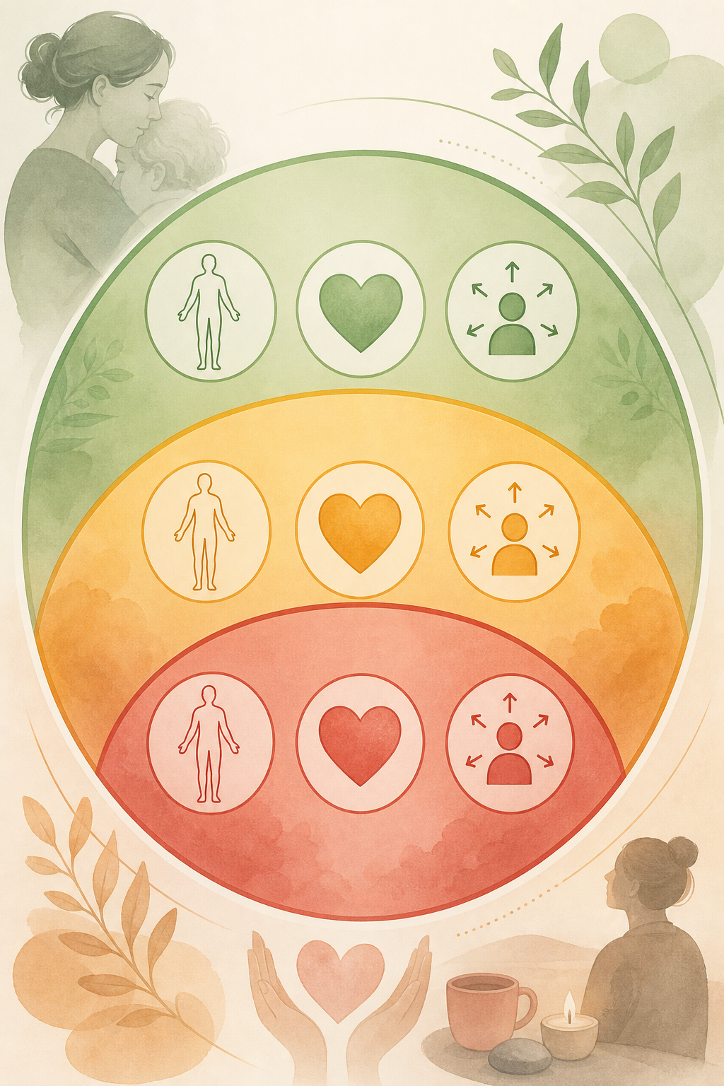 Editorial infographic-style illustration with three colored zones arranged vertically: a green lower zone, an amber middle zone, and a red upper zone. Small abstract icons float within each zone representing physical, emotional, and behavioral assessment domains.