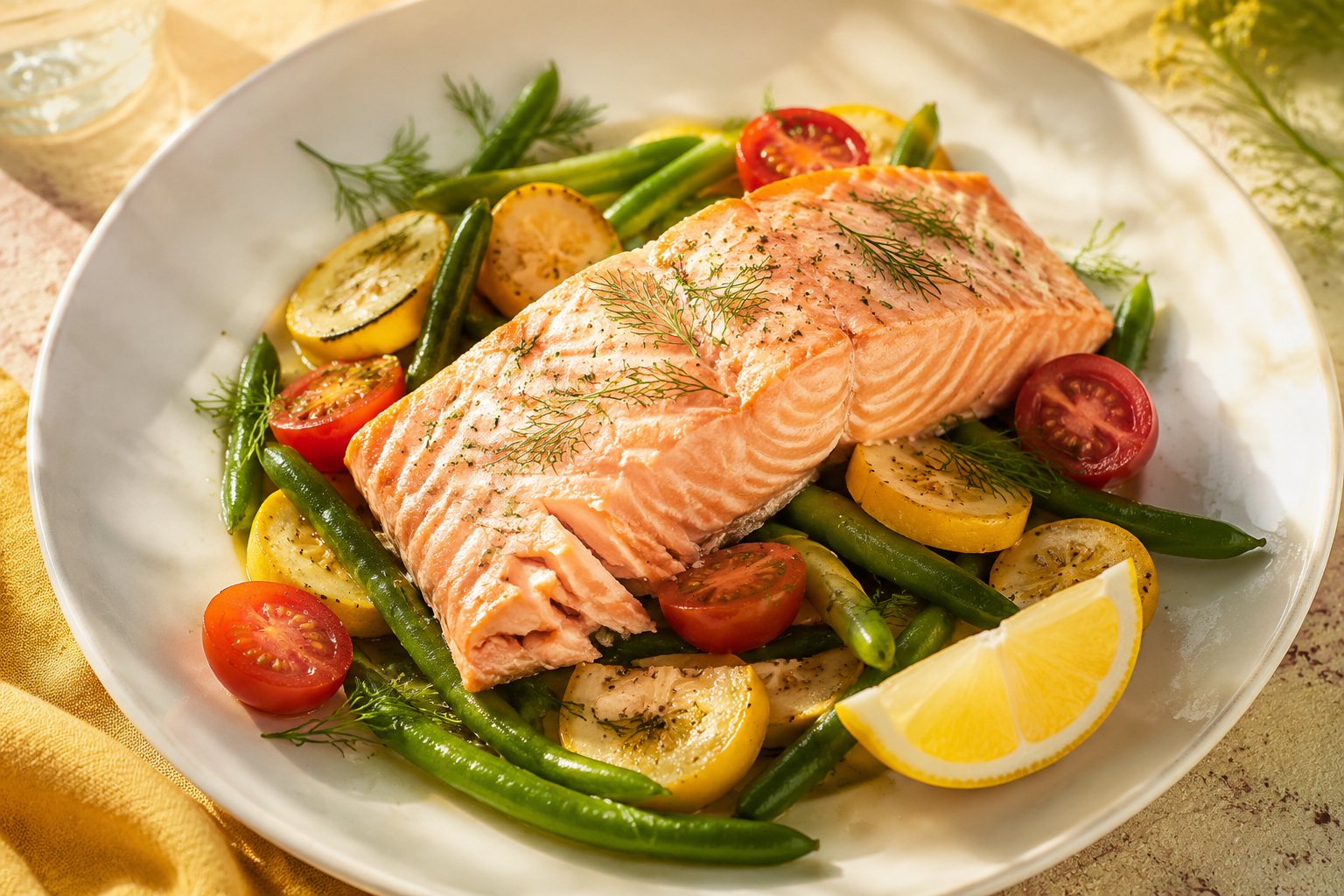 A moist poached salmon fillet with tender summer vegetables and a lemon wedge on a white plate.