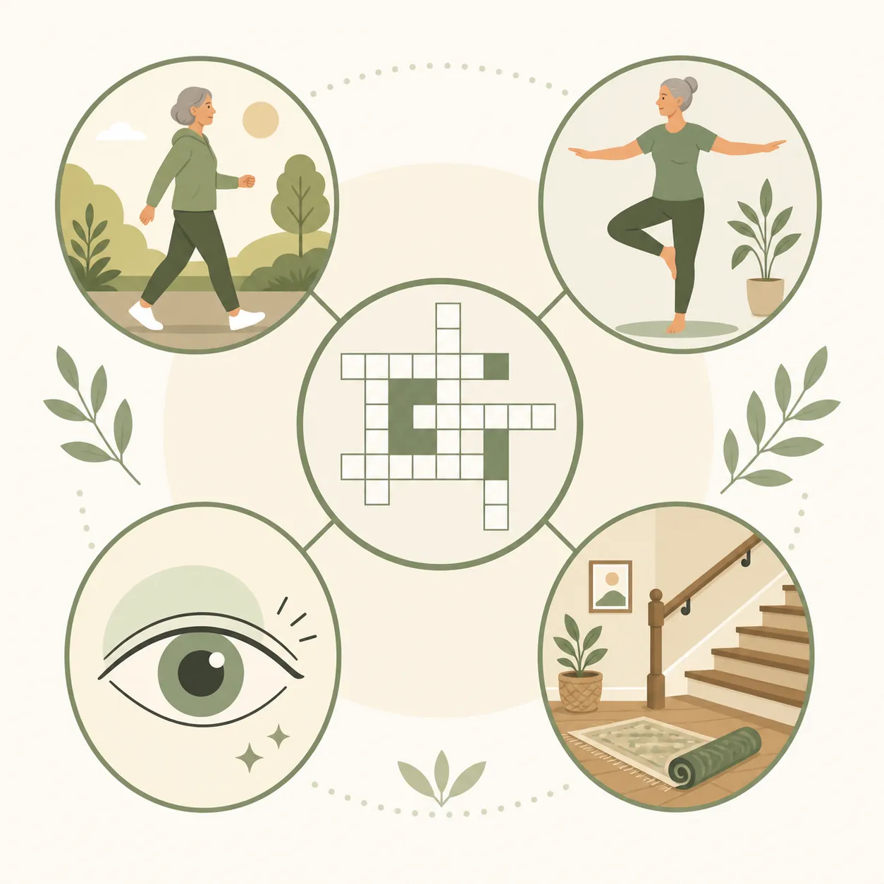 Wellness-wheel illustration linking a crossword to walking, balance, vision checks, and home safety