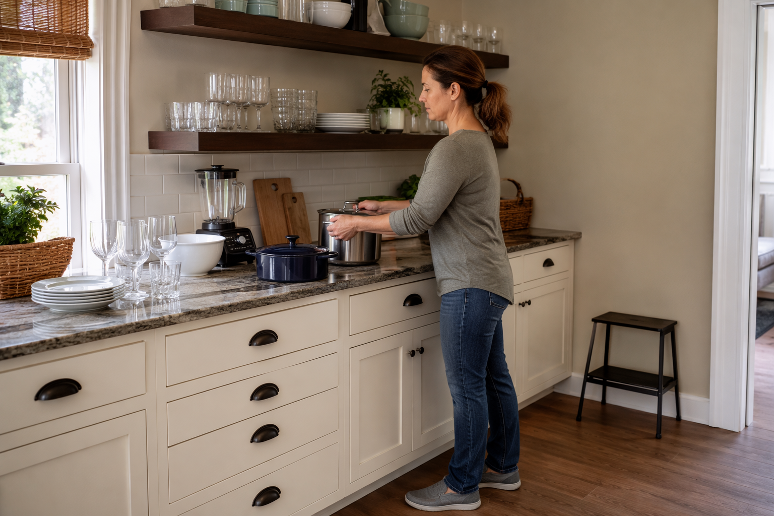 Kitchen prepared for storm fall prevention with heavy glassware and pots moved to counter height and a step stool stored out of the walking path