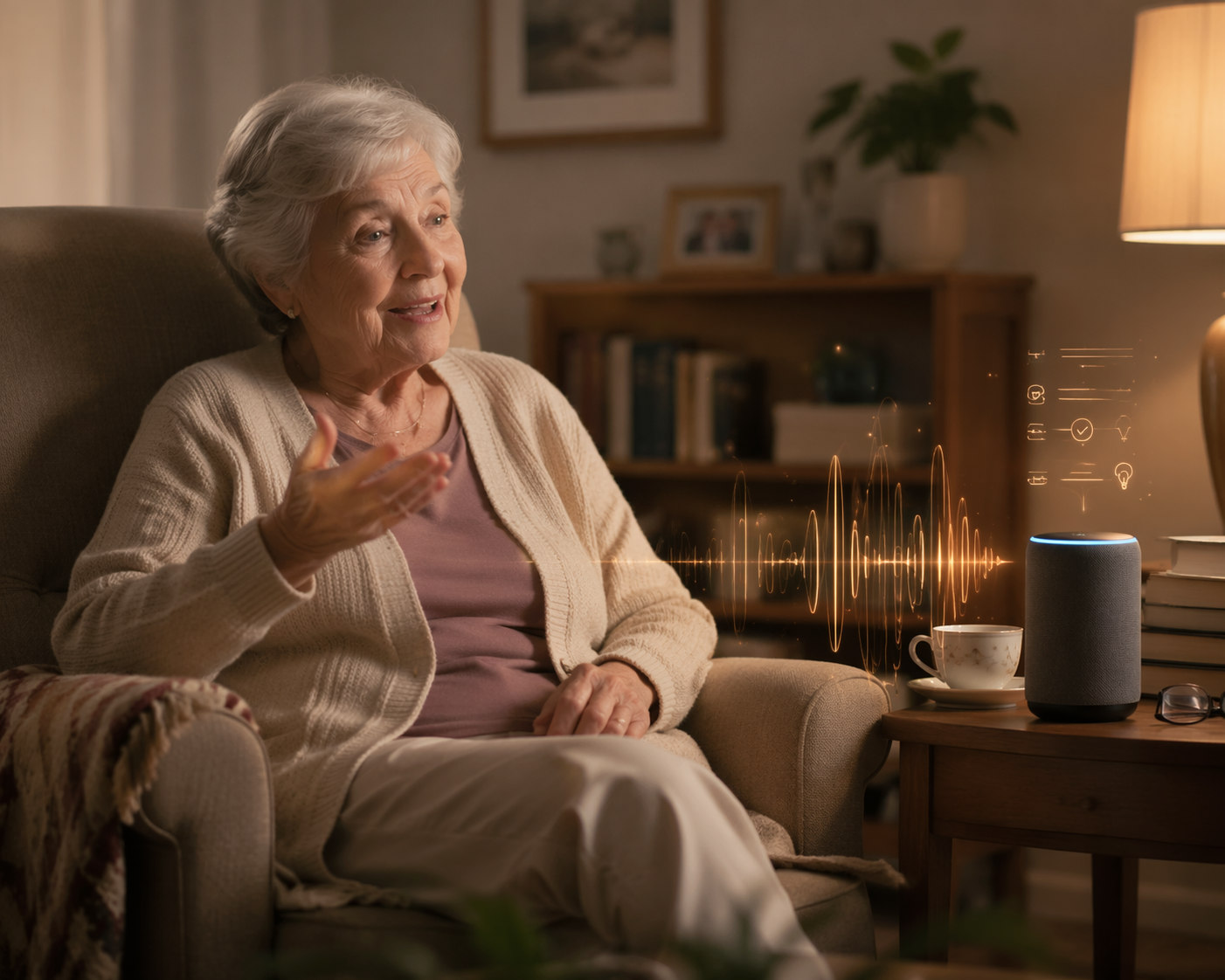 An older adult seated comfortably in an armchair in a warm living room, speaking toward a smart speaker on a side table, with subtle glowing abstract waveform elements floating nearby suggesting voice AI interaction.