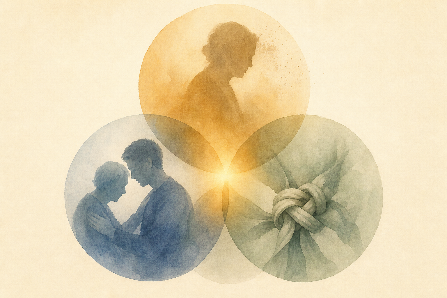 An editorial illustration with three overlapping circular watercolor forms in warm amber, muted blue, and sage green on a cream background. Each circle contains a subtle symbolic element: two overlapping human silhouettes suggesting role reversal, a fading silhouette suggesting anticipatory loss, and a soft knot-like form suggesting guilt.