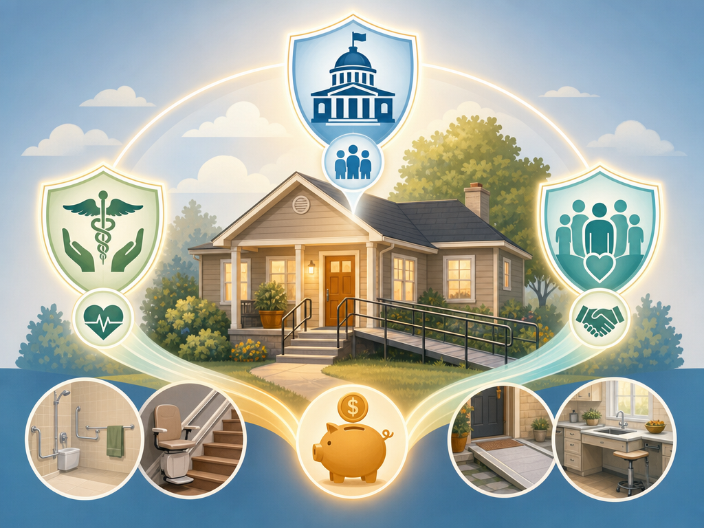 Editorial flat illustration of a warm house icon at center surrounded by abstract glowing symbols representing government, medical, and community financial support programs, in soft blues, greens, and amber tones.