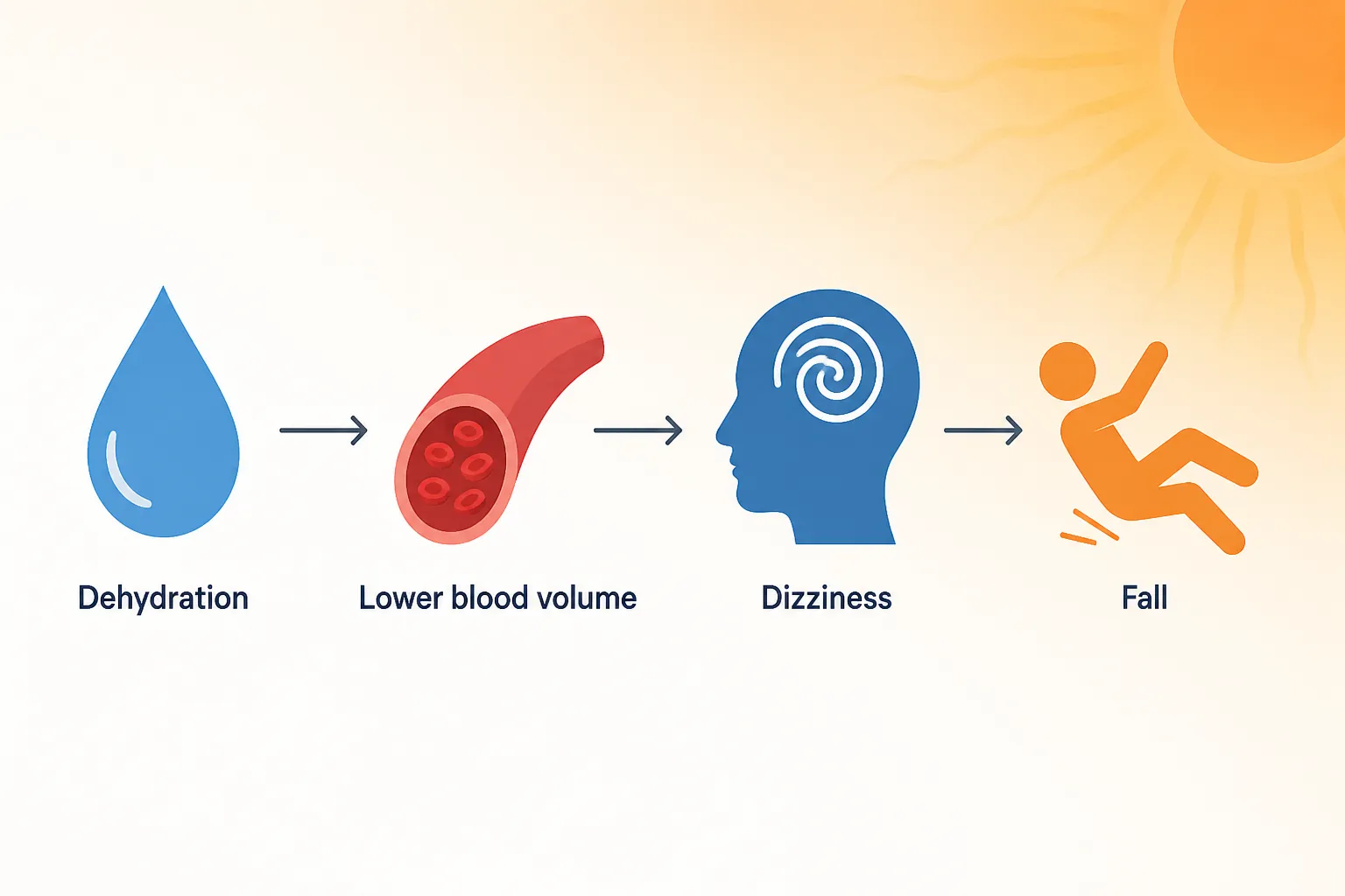 Diagram showing dehydration leading to lower blood volume, dizziness, and a fall