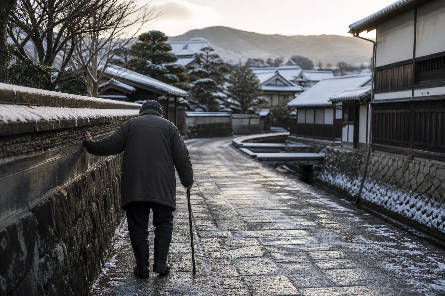 Older traveler walking carefully with a cane on an icy winter path in a northern Japanese town