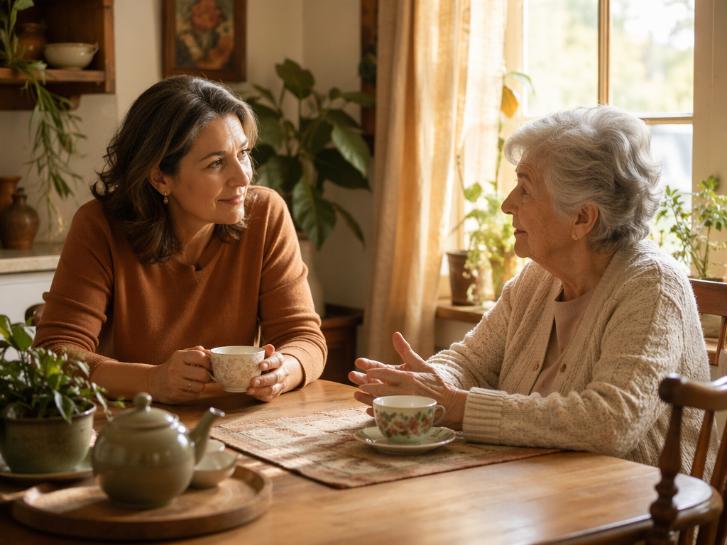 An adult child and elderly parent sitting at a kitchen table having a calm conversation over cups of tea, with warm afternoon light through a window.